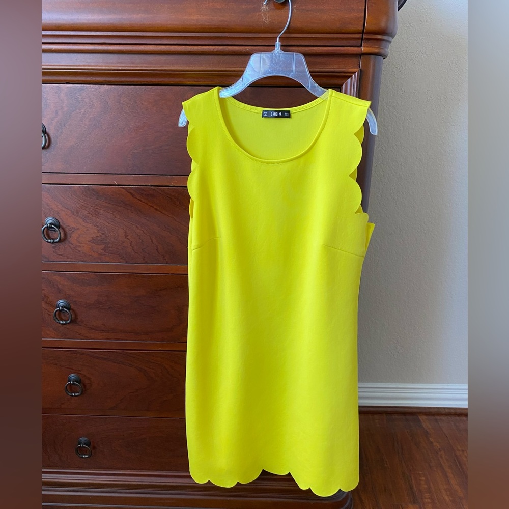 - Shein bright yellow, sleeveless, scalloped dress.  Size L.